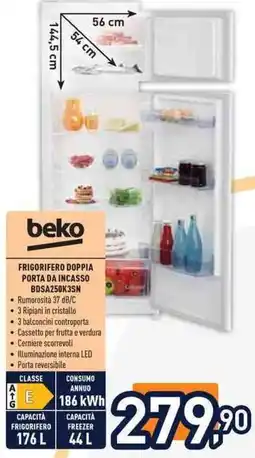 Unieuro beko FRIGORIFERO DOPPIA PORTA DA INCASSO BDSA250K3SN offerta