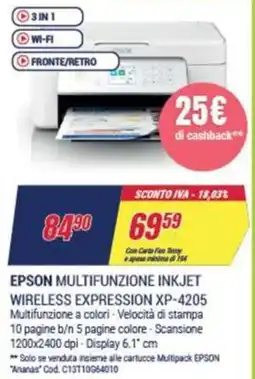 Trony EPSON MULTIFUNZIONE INKJET WIRELESS EXPRESSION XP-4205 offerta