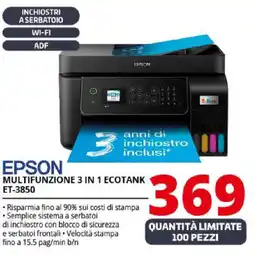 Comet EPSON MULTIFUNZIONE 3 IN 1 ECOTANK ET-3850 offerta