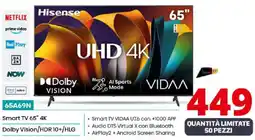 Comet Hisense Smart TV 65" 4K Dolby Vision/HDR 10+/HLG offerta