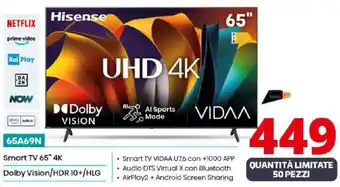 Comet Hisense Smart TV 65" 4K Dolby Vision/HDR 10+/HLG offerta