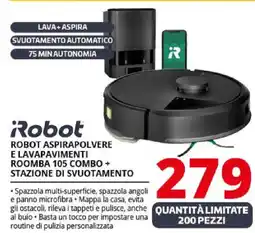 Comet Robot ROBOT ASPIRAPOLVERE E LAVAPAVIMENTI ROOMBA 105 COMBO + STAZIONE DI SVUOTAMENTO offerta