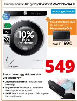 Comet SAMSUNG Lavatrice Slim 1.400 giri EcoDosatore WW90DG6G94LK offerta