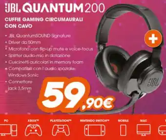Expert JBL Quantum 200 Cuffie Gaming Circumaurali Con Cavo offerta