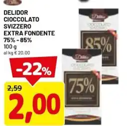 DPiù Delidor cioccolato svizzero extra fondente 75%-85% offerta