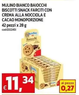 C+C maxigross Mulino bianco baiocchi biscotti snack farciti con crema alla nocciola e cacao monoporzione offerta