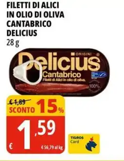 Tigros Filetti di alici in olio di oliva cantabrico DELICIUS offerta