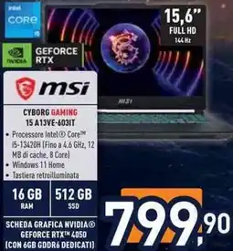 Unieuro msi CYBORG GAMING 15 A13VE-603IT offerta