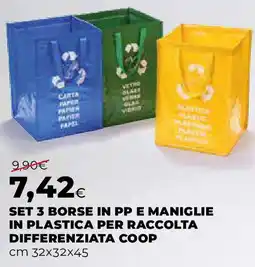 Ipercoop Set 3 borse in pp e maniglie in plastica per raccolta differenziata COOP offerta