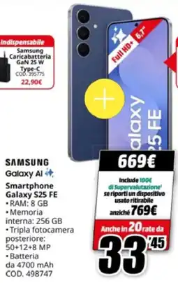 MediaWorld SAMSUNG Smartphone Galaxy S25 FE offerta