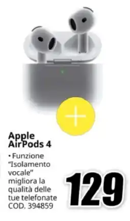 MediaWorld Apple AirPods 4 offerta