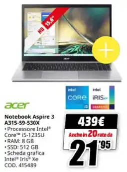 MediaWorld acer Notebook Aspire 3 A315-59-530X offerta