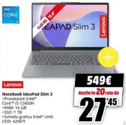 MediaWorld Lenovo Notebook IdeaPad Slim 3 offerta