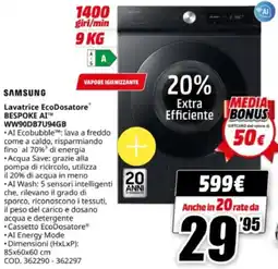 MediaWorld SAMSUNG Lavatrice EcoDosatore BESPOKE AI WW90DB7U94GB offerta