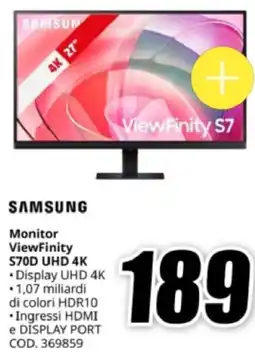MediaWorld SAMSUNG Monitor ViewFinity S70D UHD 4K offerta