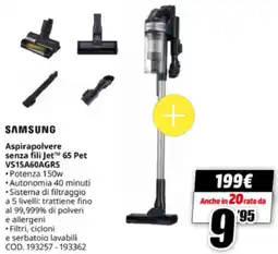 MediaWorld SAMSUNG Aspirapolvere senza fili Jet 65 Pet VS15A60AGR5 offerta