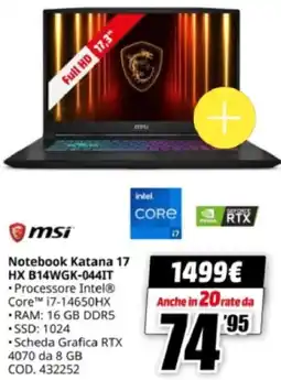 MediaWorld msi Notebook Katana 17 HX B14WGK-044IT offerta