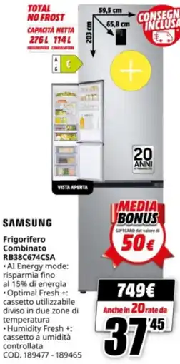 MediaWorld SAMSUNG Frigorifero Combinato RB38C674CSA offerta