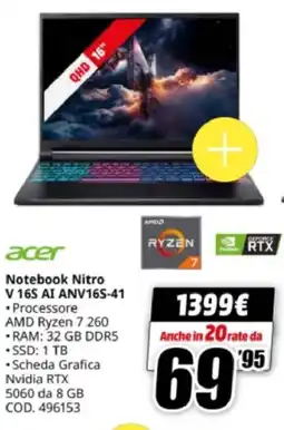 MediaWorld acer Notebook Nitro V 16S AI ANV16S-41 offerta