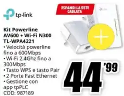 MediaWorld tp-link Kit Powerline AV600 + Wi-Fi N300 TL-WPA4221 offerta