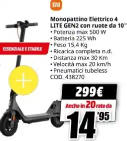 MediaWorld Xiaomi Monopattino Elettrico 4 LITE GEN2 con ruote da 10 offerta