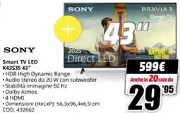 MediaWorld SONY Smart TV LED K43S35 43" offerta