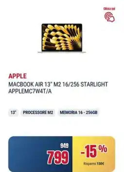 Trony APPLE MACBOOK AIR 13" M2 16/256 STARLIGHT APPLEMC7W4T/A offerta