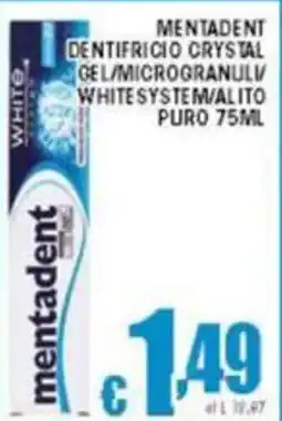 Sacoph Mentadent dentifricio crystal gel/microgranuli white system/alito puro offerta