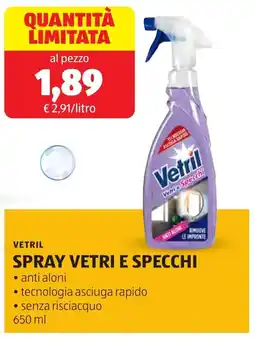 ALDI VETRIL Spray vetri e specchi anti aloni tecnologia asciuga rapido senza risciacquo offerta