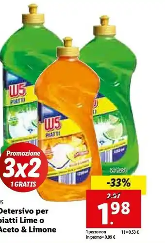 Lidl W5 detersivo per piatti lime o aceto & limone offerta