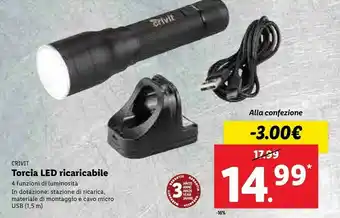 Lidl Crivit torcia led ricaricabile offerta