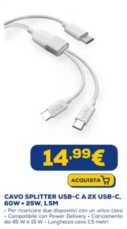 Euronics CAVO SPLITTER USB-C A 2X USB-C, 60W + 25W, 1.5M offerta