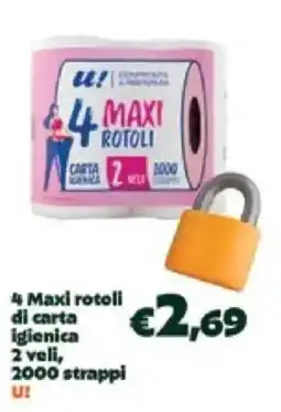 Unes 4 Maxi rotoli di carta igienica 2 veli, 2000 strappi U! offerta
