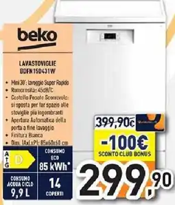 Unieuro beko LAVASTOVIGLIE BDFN150431W offerta