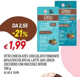 IperFamila Otto chocolates cioccolato fondente 60%/cioccolato al latte 36% senza zucchero con nocciole intere offerta