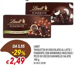 IperFamila Lindt tavoletta di cioccolato al latte / fondente con mandorle/nocciole/ pezzi di cocco/caramello salato offerta