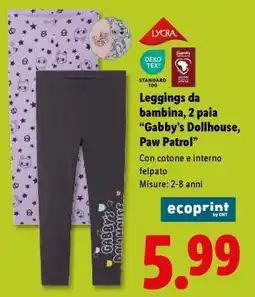 Lidl Leggings da bambina, 2 paia Gabby's Dollhouse, Paw Patrol offerta