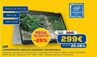 Euronics Chromebook x360 14a-ca0001nl 35,6 cm (14") touch screen full hd intel® celeron® 4 gb lpddr4-sdram 64 gb emmc wi-fi 5 (802.11a offerta