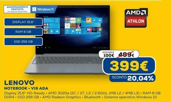 Euronics V v15 computer portatile 39,6 cm (15.6") hd amd athlon 8 gb ddr4-sdram 256 gb ssd wi-fi 5 (802.11ac) grigio offerta