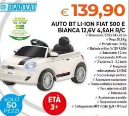 Todis AUTO BT LI-ION FIAT 500 E BIANCA 12,6V 4,5AH R/C offerta