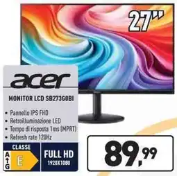 Unieuro acer MONITOR LCD SB273GOBI offerta
