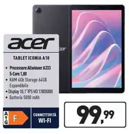 Unieuro acer TABLET ICONIA A10 offerta