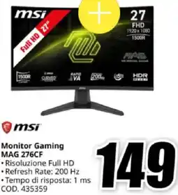 MediaWorld msi Monitor Gaming MAG 276CF offerta