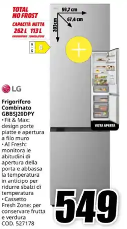 MediaWorld LG Frigorifero Combinato GBBSJ20DPY offerta