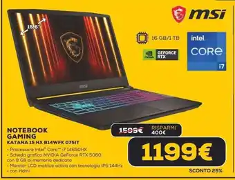 Msi NOTEBOOK GAMING KATANA 15 HX B14WFK 0751T