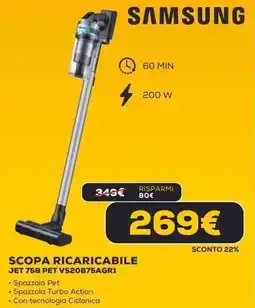 Euronics SAMSUNG SCOPA RICARICABILE JET 75B PET VS20B75AGR1 offerta