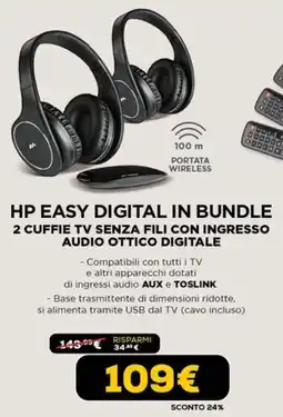 Euronics Hp easy digital in bundle 2 cuffie tv senza fili con ingresso audio ottico digitale offerta