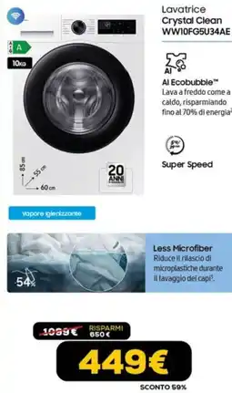 Euronics SAMSUNG Lavatrice Crystal Clean WW10FG5U34AE offerta
