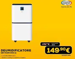 Euronics Argo deumidificatore dry pury evo 11 offerta