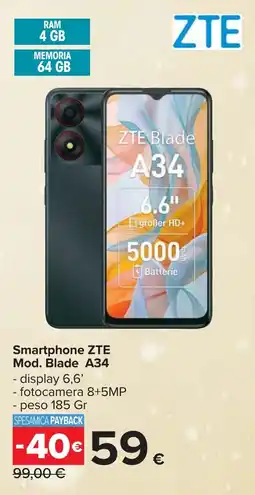 Carrefour Smartphone ZTE Mod. Blade A34 offerta